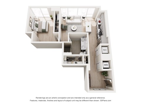 Floor plan for 1 bed, 1 bath, 802 sqft